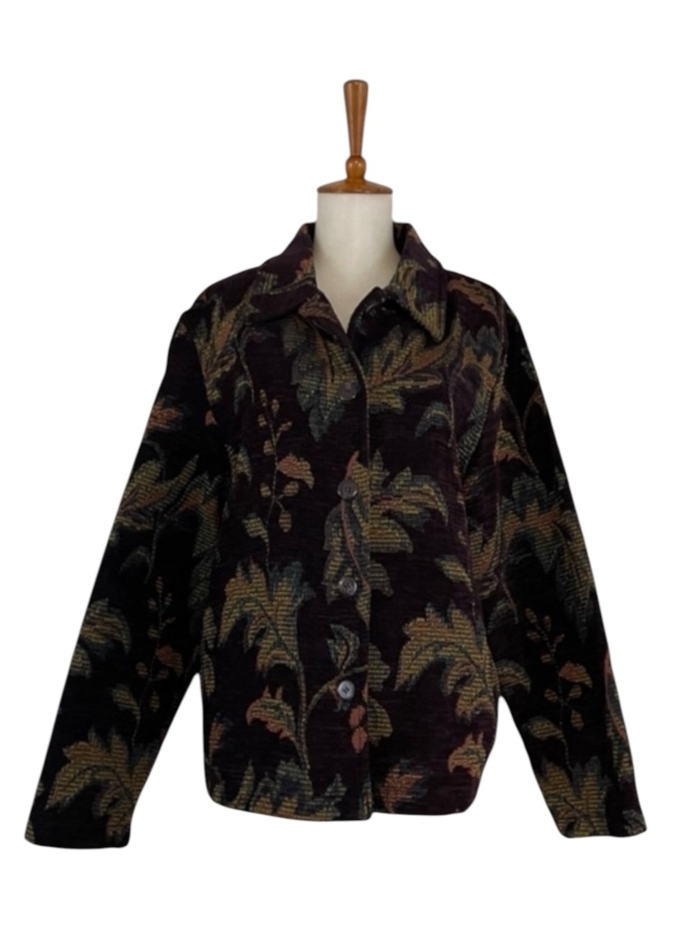 90s Knit Jacket Women’s L Leaf Print Button Down Long Sleeve Vintage Retro
